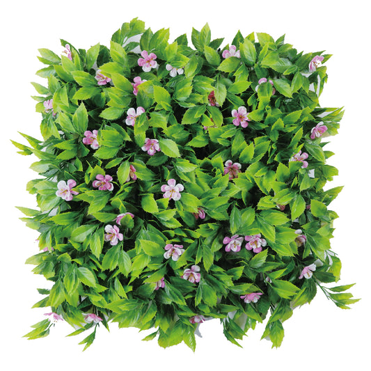 Violet Bloom Artificial Green Wall Panel – Glossy Leaves and Purple Flowers