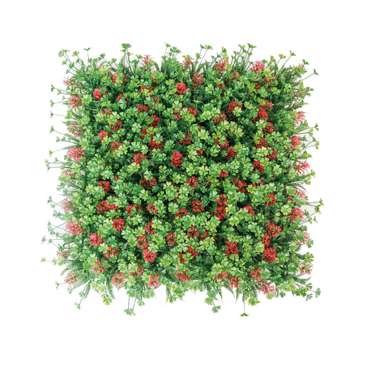 Crimson Charm Artificial Green Wall Panel – Red Blossoms and Dense Leaves